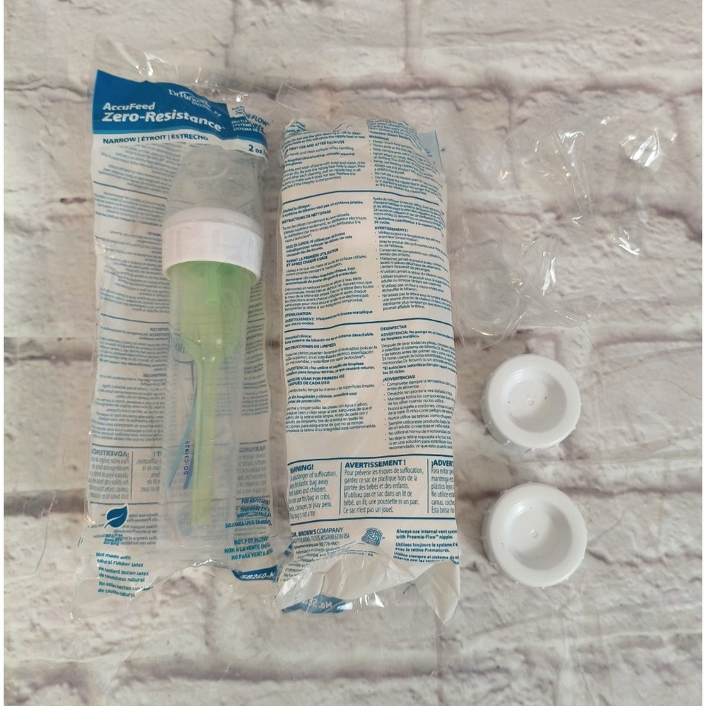 TWO Dr. Brown's Accufeed Anti-Colic Narrow Baby Bottle 2oz Preemie‎ Flow